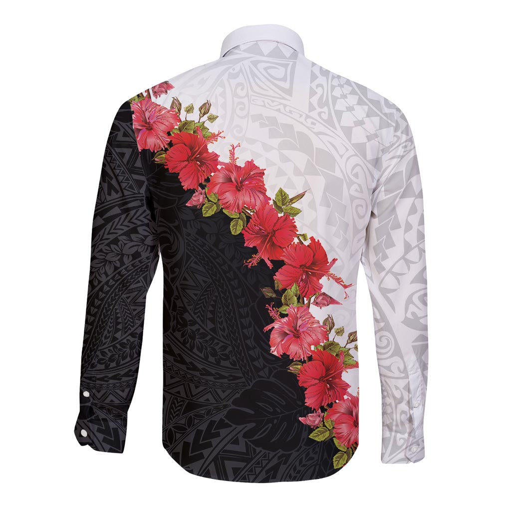 Hawaii Red Hibiscus Flowers Long Sleeve Button Shirt Polynesian Pattern With Half Black White Version
