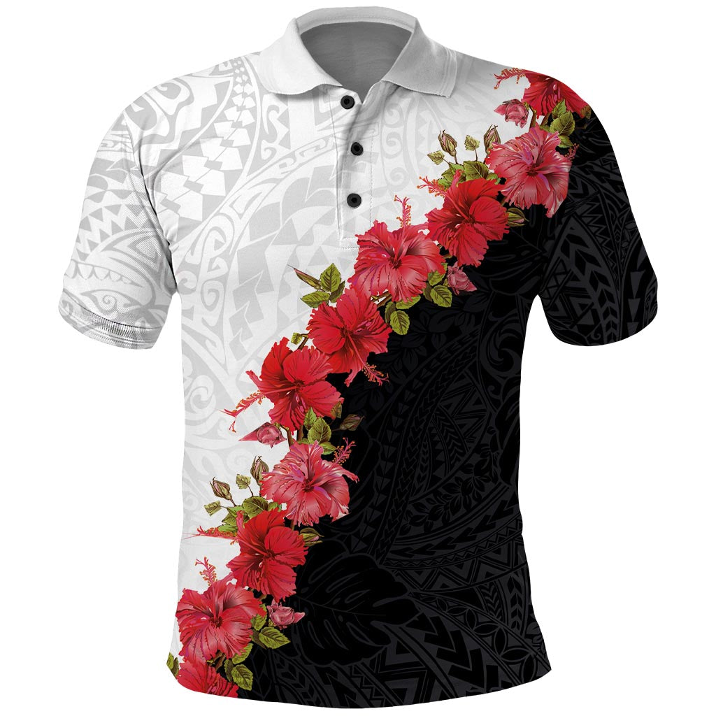 Hawaii Red Hibiscus Flowers Polo Shirt Polynesian Pattern With Half Black White Version LT03 Black - Polynesian Pride