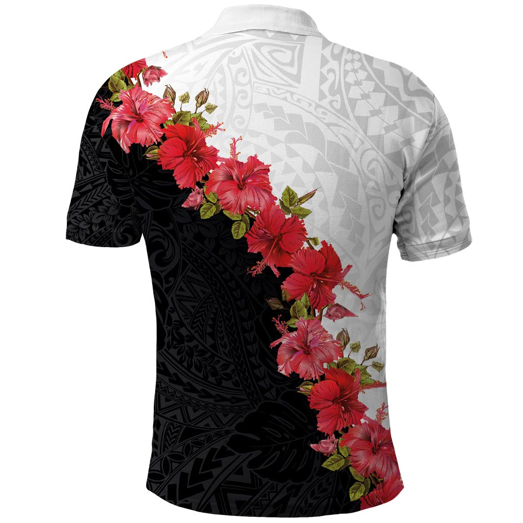 Hawaii Red Hibiscus Flowers Polo Shirt Polynesian Pattern With Half Black White Version LT03 - Polynesian Pride