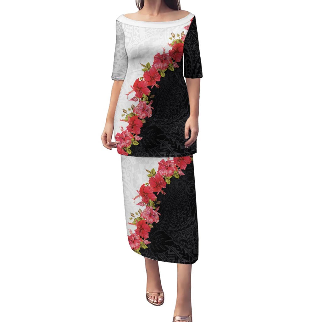 Hawaii Red Hibiscus Flowers Puletasi Polynesian Pattern With Half Black White Version LT03 Long Dress Black - Polynesian Pride