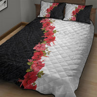 Hawaii Red Hibiscus Flowers Quilt Bed Set Polynesian Pattern With Half Black White Version