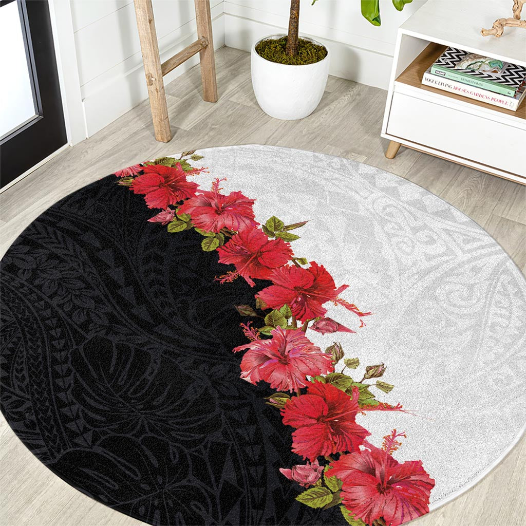 Hawaii Red Hibiscus Flowers Round Carpet Polynesian Pattern With Half Black White Version LT03 Black - Polynesian Pride
