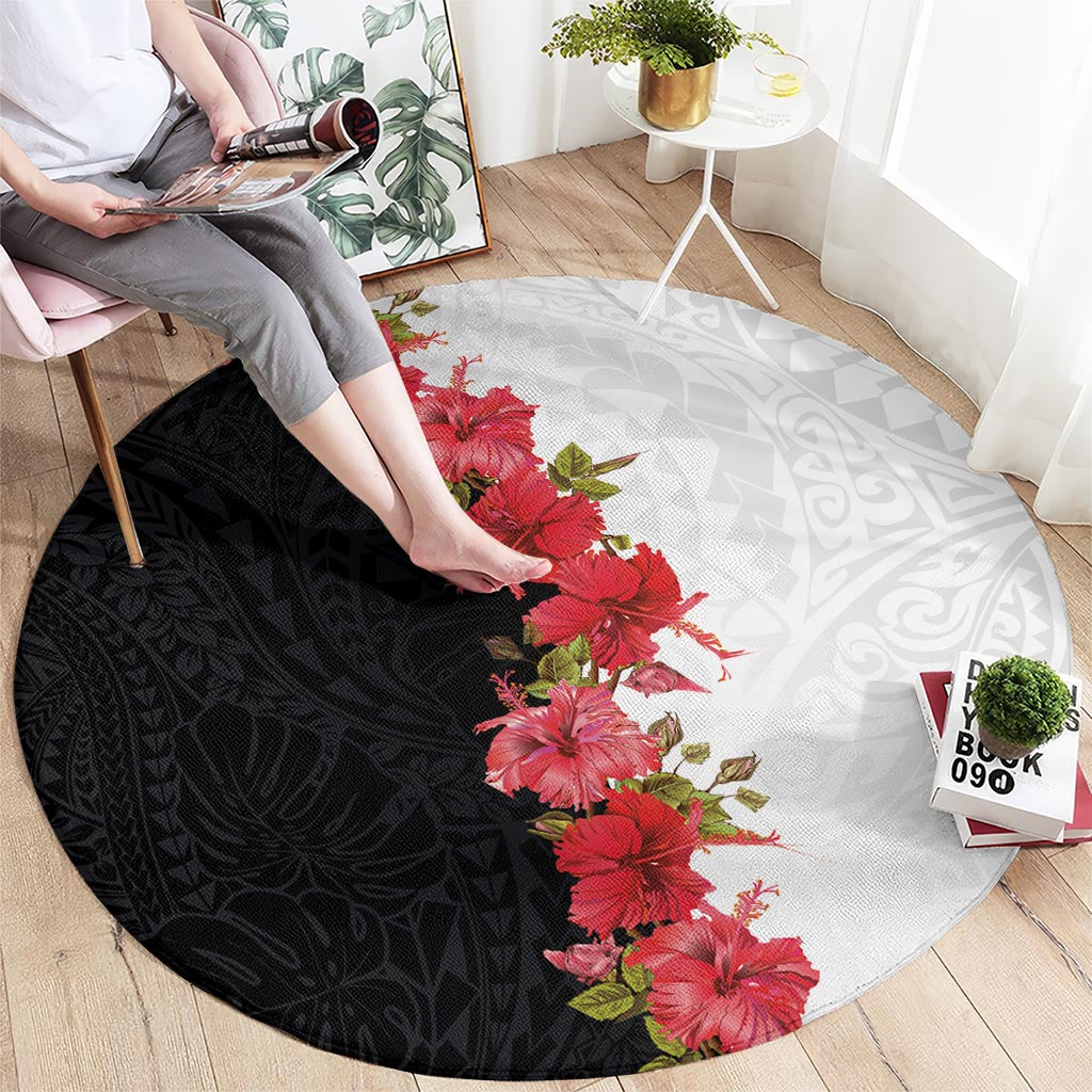Hawaii Red Hibiscus Flowers Round Carpet Polynesian Pattern With Half Black White Version LT03 - Polynesian Pride
