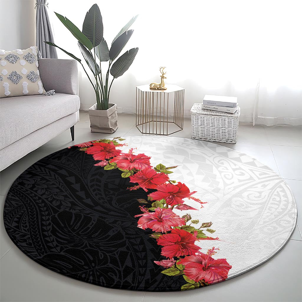 Hawaii Red Hibiscus Flowers Round Carpet Polynesian Pattern With Half Black White Version LT03 - Polynesian Pride