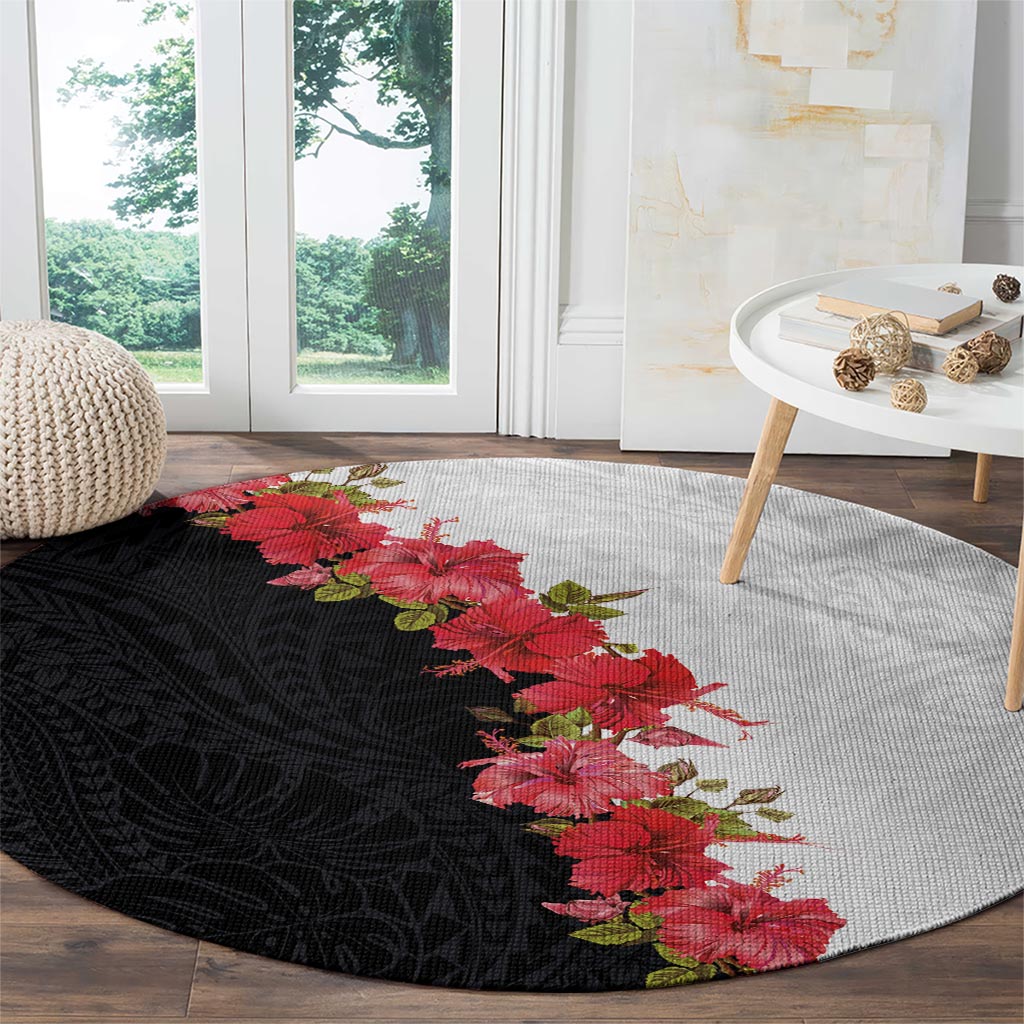 Hawaii Red Hibiscus Flowers Round Carpet Polynesian Pattern With Half Black White Version LT03 - Polynesian Pride