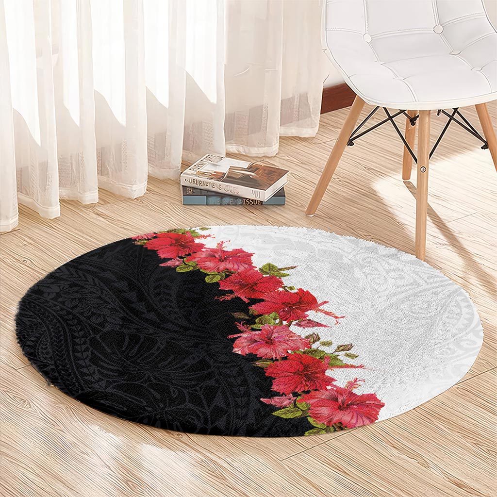 Hawaii Red Hibiscus Flowers Round Carpet Polynesian Pattern With Half Black White Version LT03 - Polynesian Pride