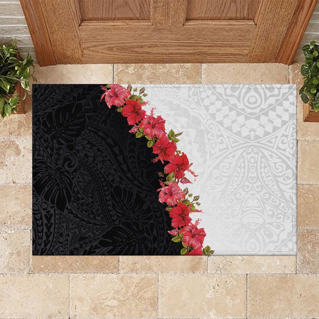 Hawaii Red Hibiscus Flowers Rubber Doormat Polynesian Pattern With Half Black White Version LT03 Black - Polynesian Pride