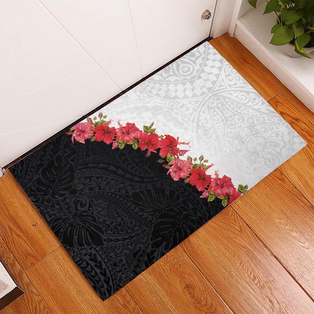 Hawaii Red Hibiscus Flowers Rubber Doormat Polynesian Pattern With Half Black White Version LT03 - Polynesian Pride