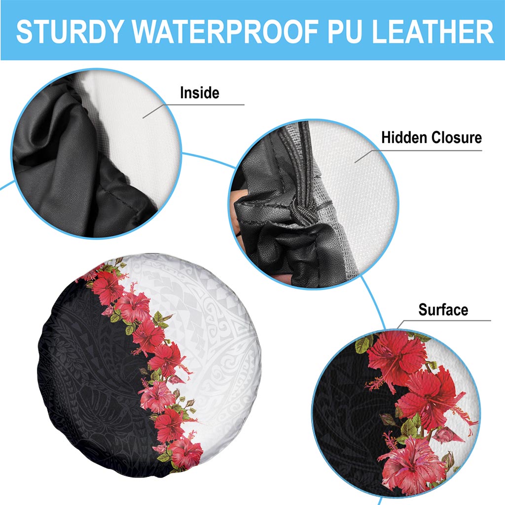 Hawaii Red Hibiscus Flowers Spare Tire Cover Polynesian Pattern With Half Black White Version