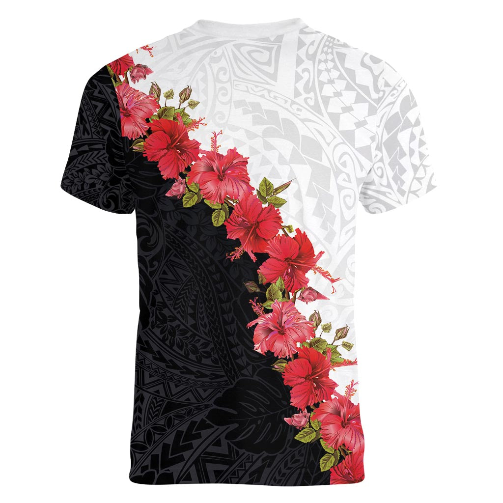 Hawaii Red Hibiscus Flowers Women V-Neck T-Shirt Polynesian Pattern With Half Black White Version