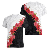 Hawaii Red Hibiscus Flowers Women V-Neck T-Shirt Polynesian Pattern With Half Black White Version