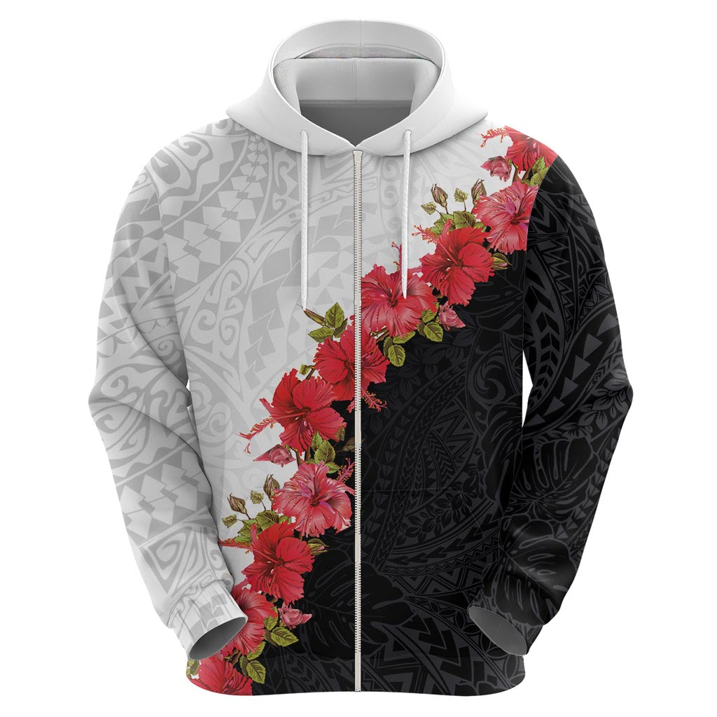Hawaii Red Hibiscus Flowers Zip Hoodie Polynesian Pattern With Half Black White Version