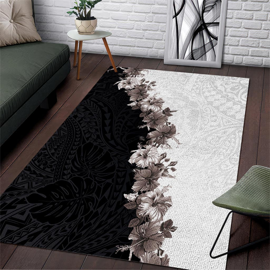 Hawaii Grayscale Hibiscus Flowers Area Rug Polynesian Pattern With Half Black White Version