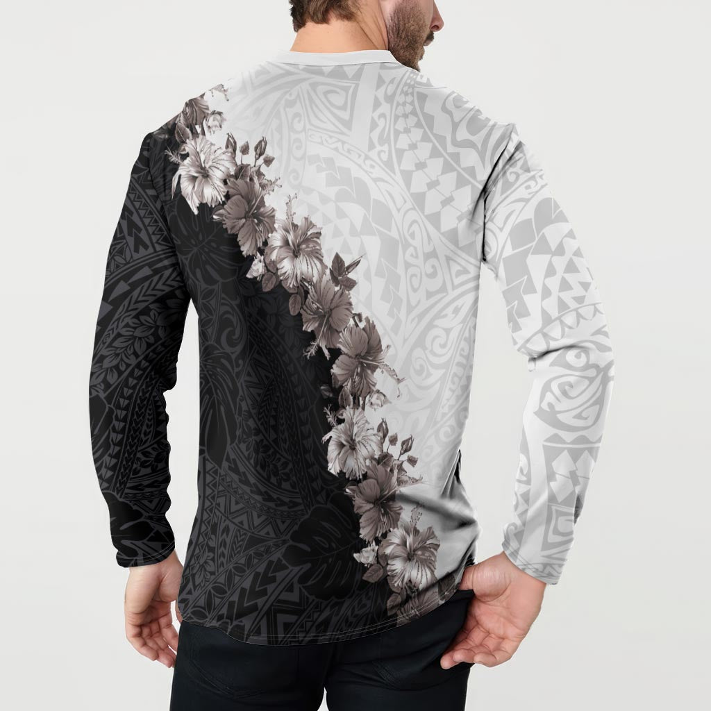 Hawaii Grayscale Hibiscus Flowers Button Sweatshirt Polynesian Pattern With Half Black White Version LT03 - Polynesian Pride