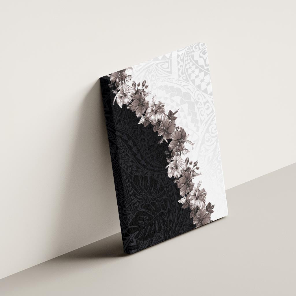 Hawaii Grayscale Hibiscus Flowers Canvas Wall Art Polynesian Pattern With Half Black White Version