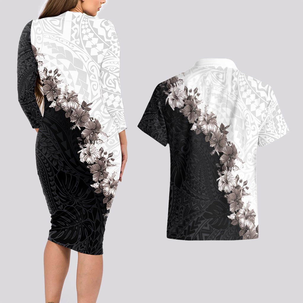 Hawaii Grayscale Hibiscus Flowers Couples Matching Long Sleeve Bodycon Dress and Hawaiian Shirt Polynesian Pattern With Half Black White Version