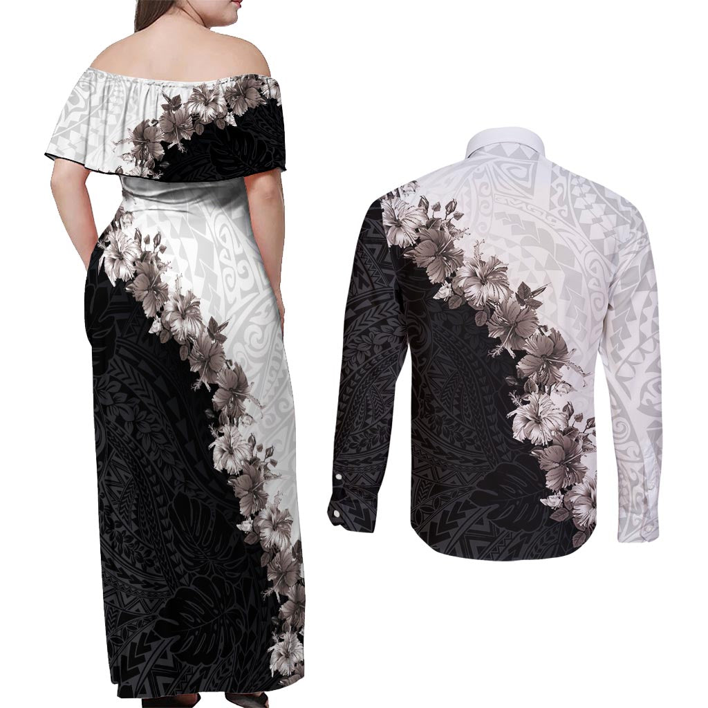 Hawaii Grayscale Hibiscus Flowers Couples Matching Off Shoulder Maxi Dress and Long Sleeve Button Shirt Polynesian Pattern With Half Black White Version
