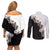 Hawaii Grayscale Hibiscus Flowers Couples Matching Off Shoulder Short Dress and Long Sleeve Button Shirt Polynesian Pattern With Half Black White Version