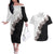 Hawaii Grayscale Hibiscus Flowers Couples Matching Off The Shoulder Long Sleeve Dress and Hawaiian Shirt Polynesian Pattern With Half Black White Version