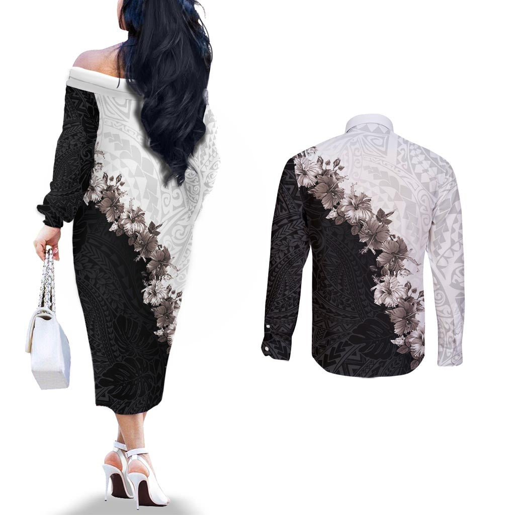 Hawaii Grayscale Hibiscus Flowers Couples Matching Off The Shoulder Long Sleeve Dress and Long Sleeve Button Shirt Polynesian Pattern With Half Black White Version