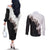 Hawaii Grayscale Hibiscus Flowers Couples Matching Off The Shoulder Long Sleeve Dress and Long Sleeve Button Shirt Polynesian Pattern With Half Black White Version
