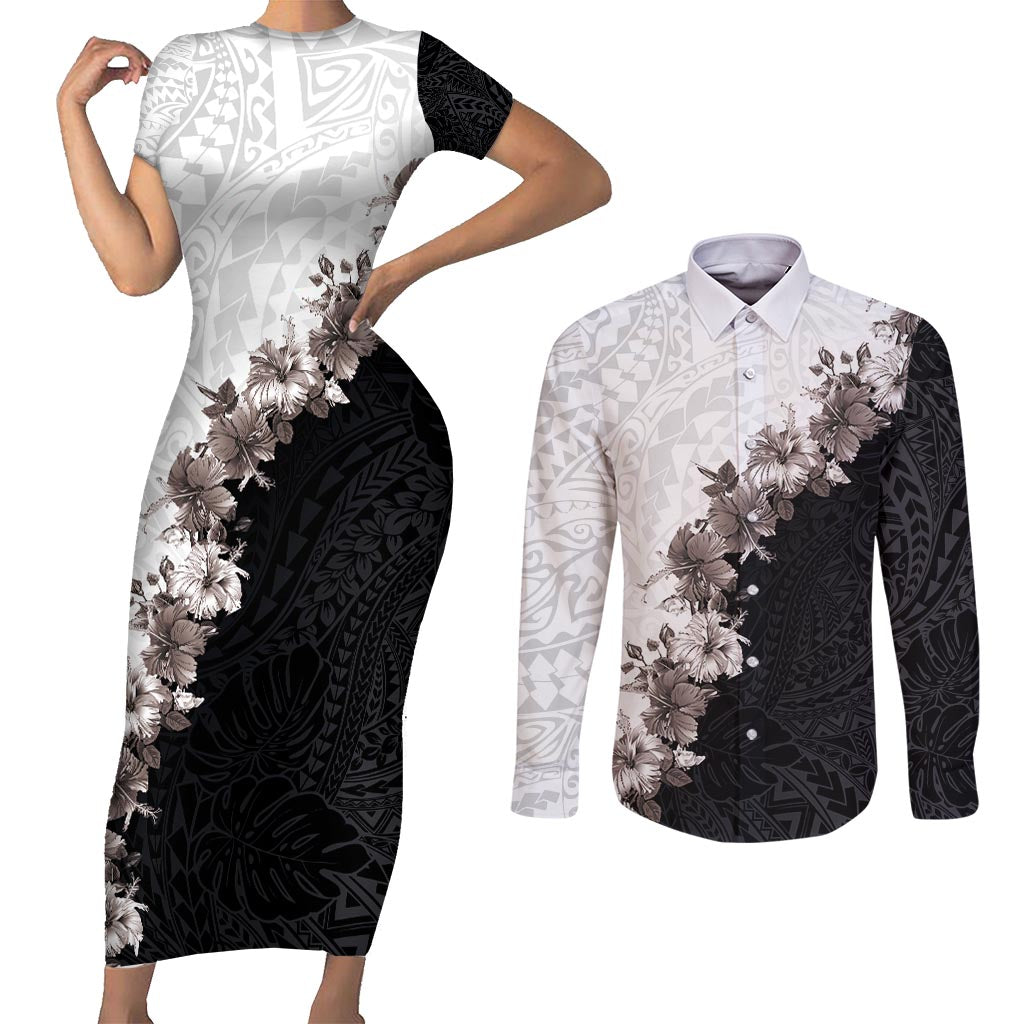 Hawaii Grayscale Hibiscus Flowers Couples Matching Short Sleeve Bodycon Dress and Long Sleeve Button Shirt Polynesian Pattern With Half Black White Version