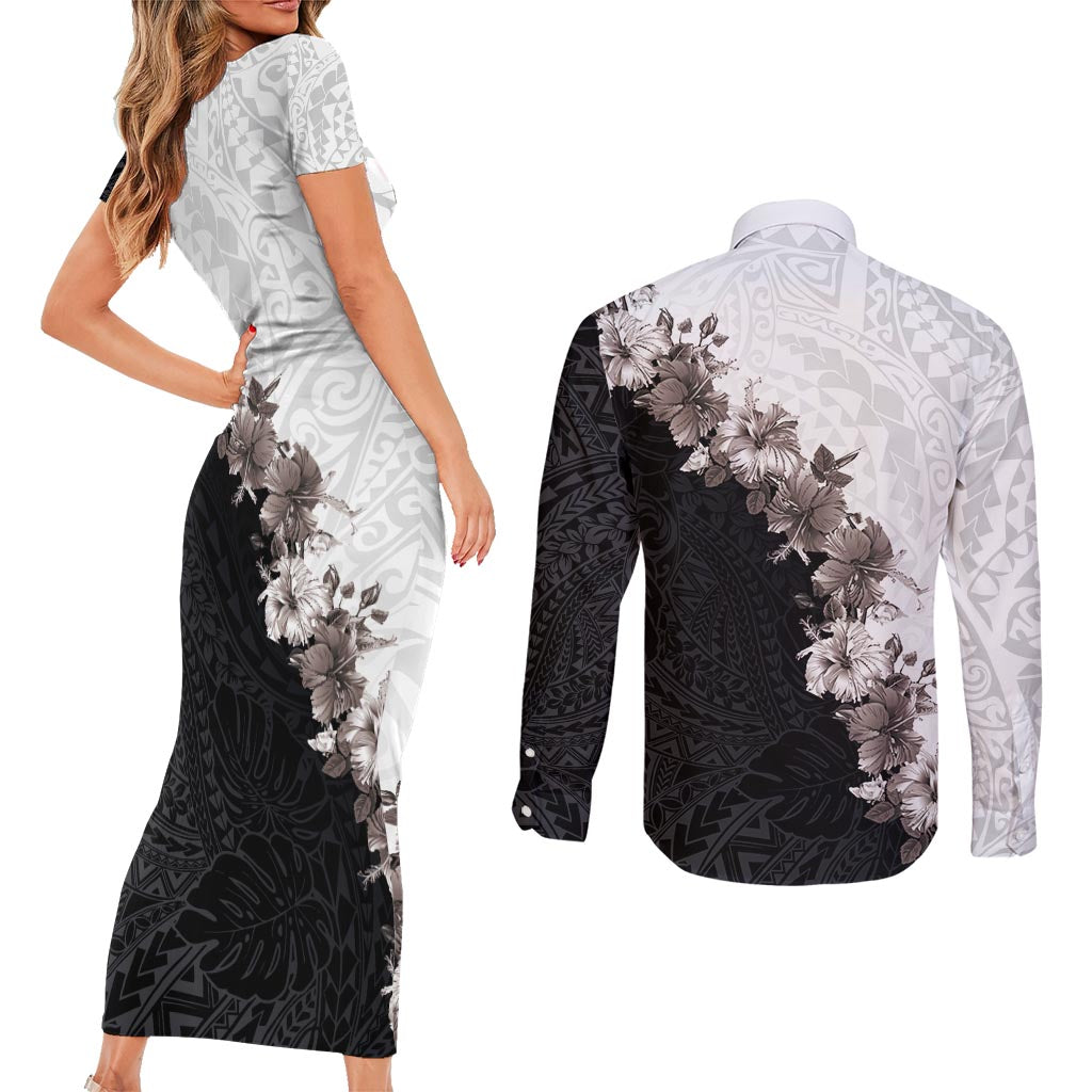 Hawaii Grayscale Hibiscus Flowers Couples Matching Short Sleeve Bodycon Dress and Long Sleeve Button Shirt Polynesian Pattern With Half Black White Version