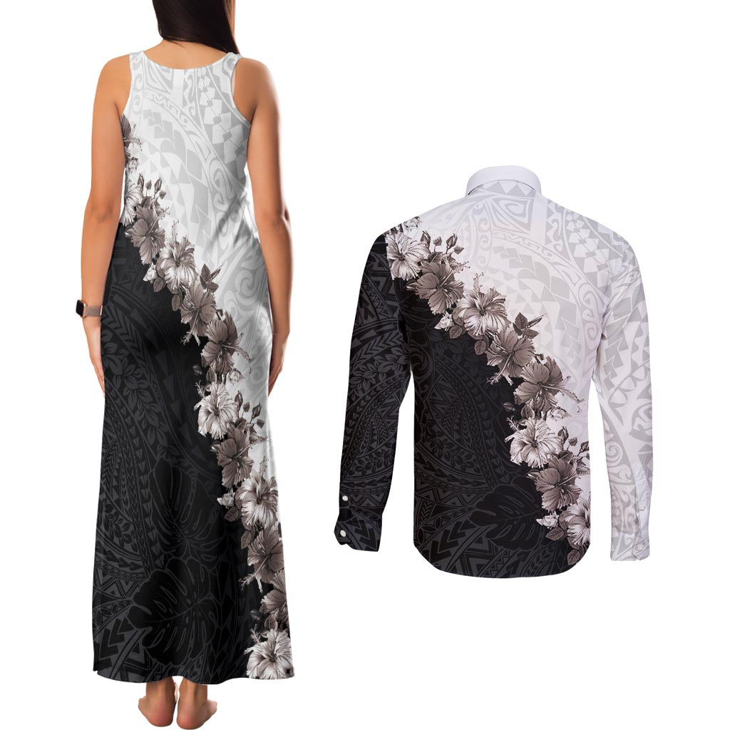 Hawaii Grayscale Hibiscus Flowers Couples Matching Tank Maxi Dress and Long Sleeve Button Shirt Polynesian Pattern With Half Black White Version