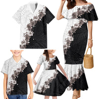 Hawaii Grayscale Hibiscus Flowers Family Matching Mermaid Dress and Hawaiian Shirt Polynesian Pattern With Half Black White Version