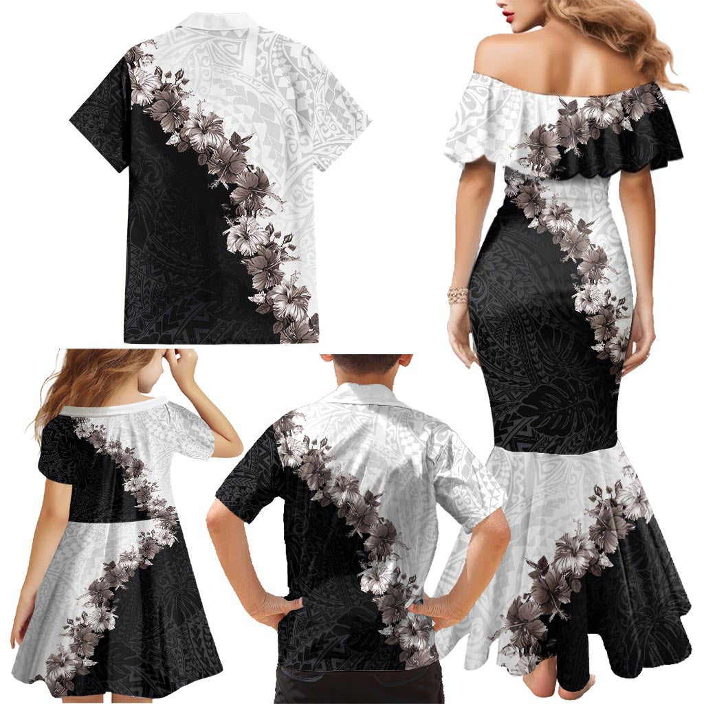 Hawaii Grayscale Hibiscus Flowers Family Matching Mermaid Dress and Hawaiian Shirt Polynesian Pattern With Half Black White Version