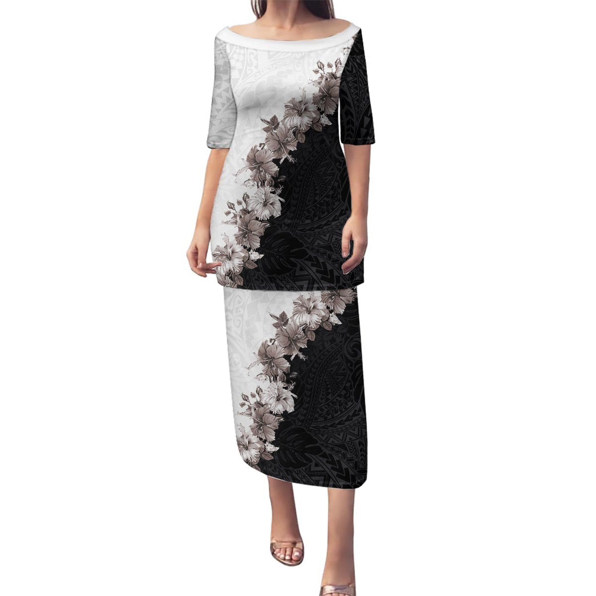 Hawaii Grayscale Hibiscus Flowers Family Matching Puletasi and Hawaiian Shirt Polynesian Pattern With Half Black White Version