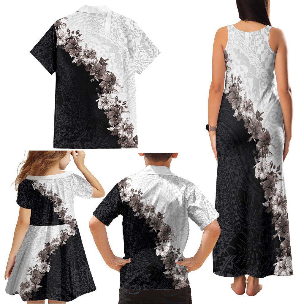 Hawaii Grayscale Hibiscus Flowers Family Matching Tank Maxi Dress and Hawaiian Shirt Polynesian Pattern With Half Black White Version