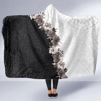 Hawaii Grayscale Hibiscus Flowers Hooded Blanket Polynesian Pattern With Half Black White Version LT03 One Size Black - Polynesian Pride
