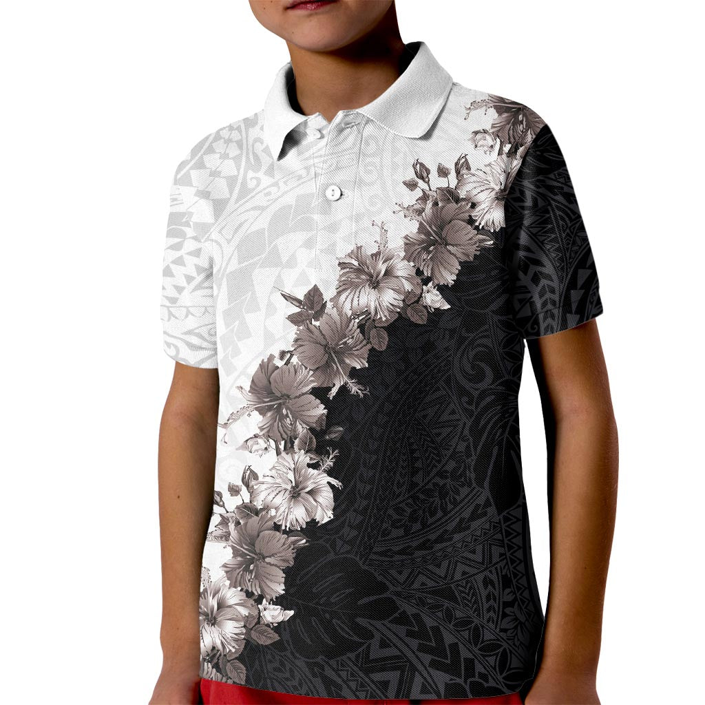 Hawaii Grayscale Hibiscus Flowers Kid Polo Shirt Polynesian Pattern With Half Black White Version LT03 Kid Black - Polynesian Pride