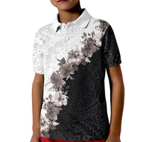 Hawaii Grayscale Hibiscus Flowers Kid Polo Shirt Polynesian Pattern With Half Black White Version LT03 Kid Black - Polynesian Pride
