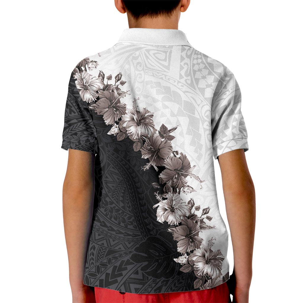 Hawaii Grayscale Hibiscus Flowers Kid Polo Shirt Polynesian Pattern With Half Black White Version LT03 - Polynesian Pride