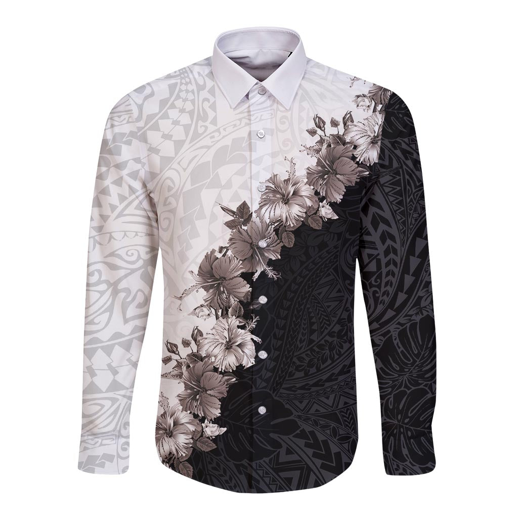 Hawaii Grayscale Hibiscus Flowers Long Sleeve Button Shirt Polynesian Pattern With Half Black White Version