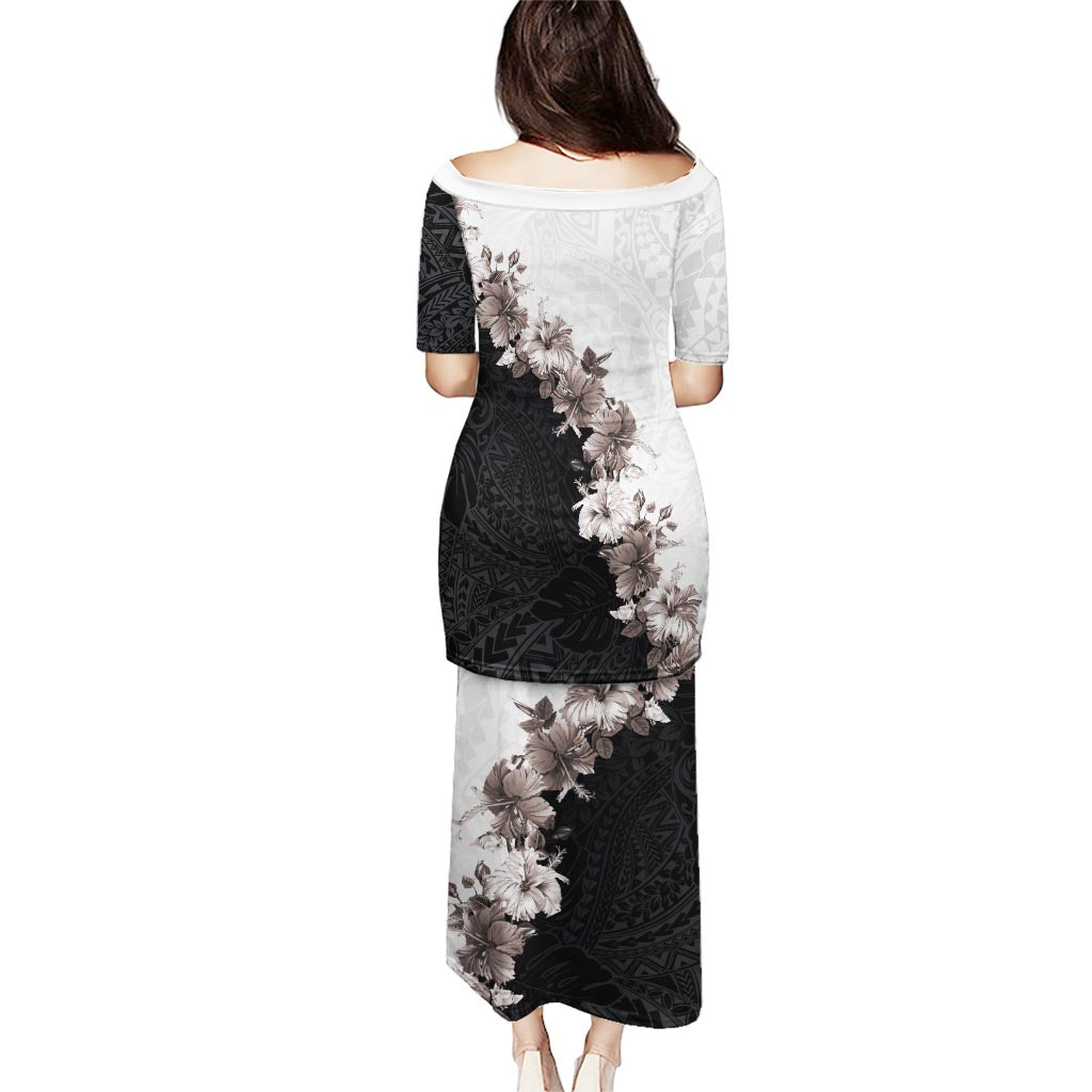 Hawaii Grayscale Hibiscus Flowers Puletasi Polynesian Pattern With Half Black White Version LT03 - Polynesian Pride