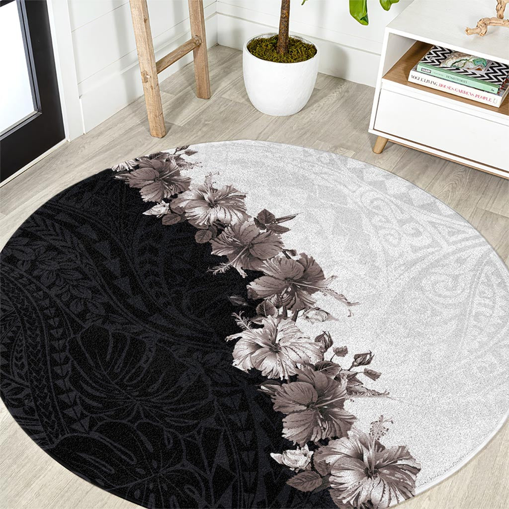 Hawaii Grayscale Hibiscus Flowers Round Carpet Polynesian Pattern With Half Black White Version LT03 Black - Polynesian Pride