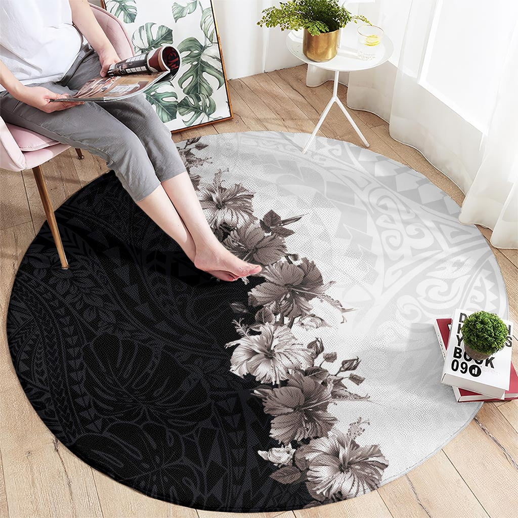 Hawaii Grayscale Hibiscus Flowers Round Carpet Polynesian Pattern With Half Black White Version LT03 - Polynesian Pride