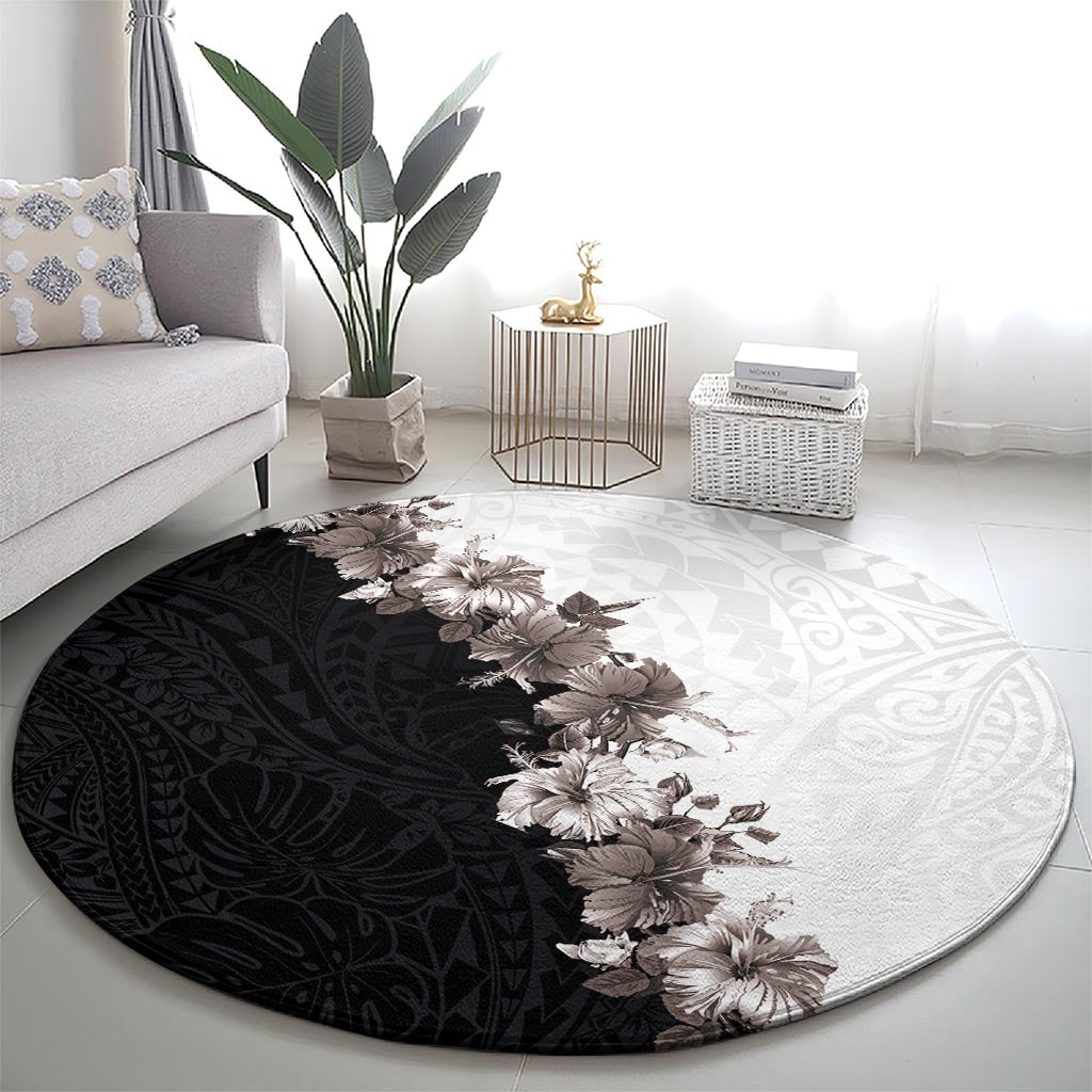 Hawaii Grayscale Hibiscus Flowers Round Carpet Polynesian Pattern With Half Black White Version LT03 - Polynesian Pride