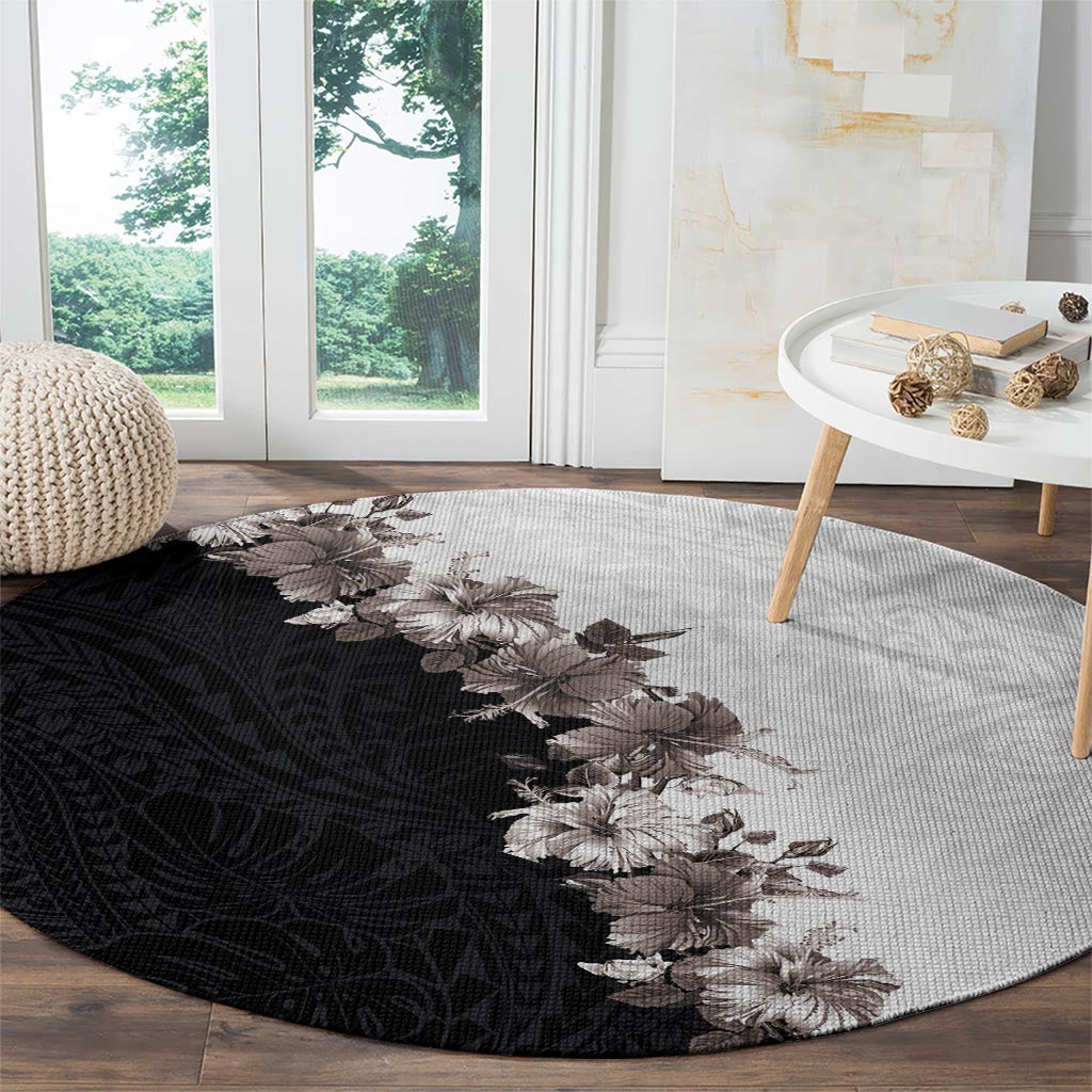 Hawaii Grayscale Hibiscus Flowers Round Carpet Polynesian Pattern With Half Black White Version LT03 - Polynesian Pride