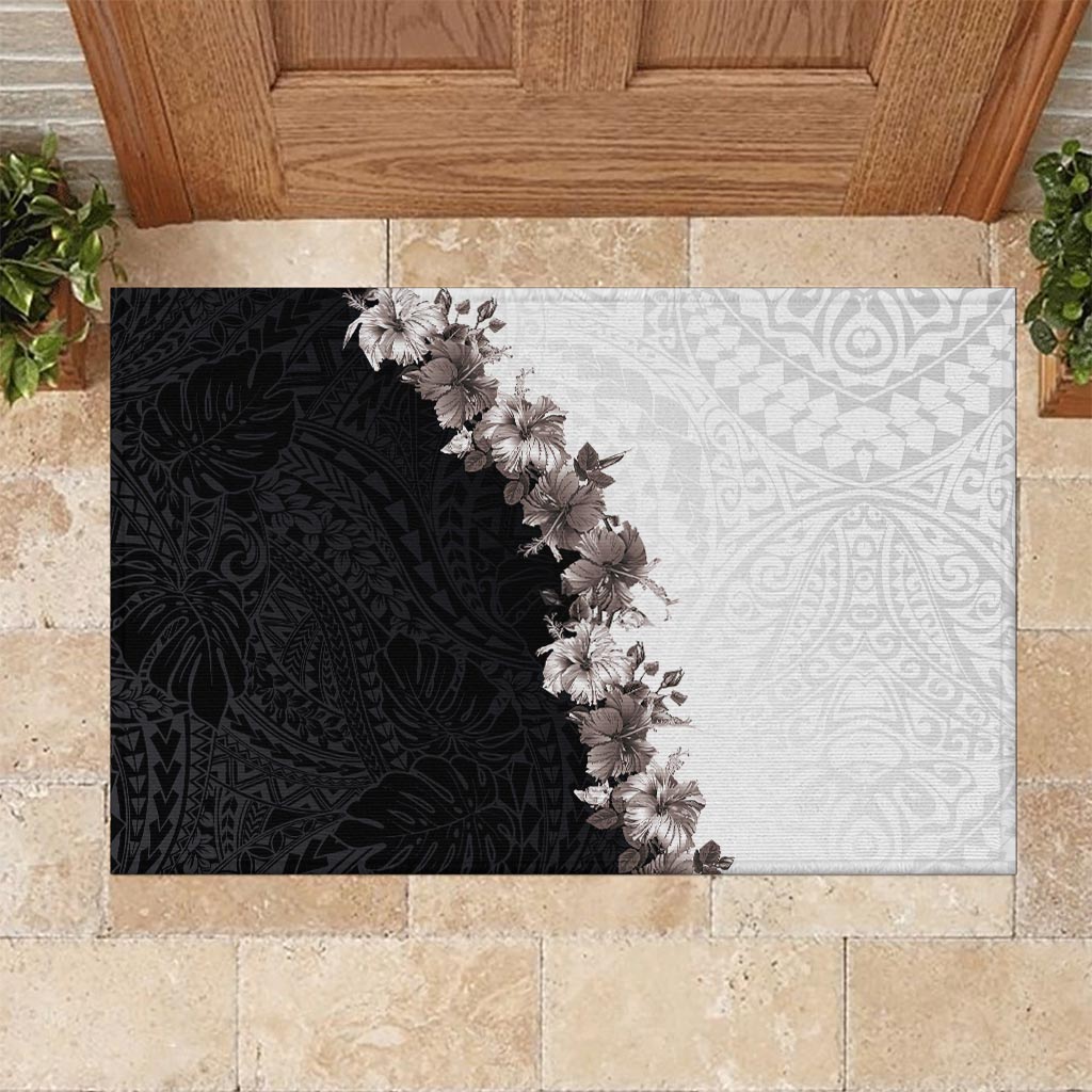 Hawaii Grayscale Hibiscus Flowers Rubber Doormat Polynesian Pattern With Half Black White Version LT03 Black - Polynesian Pride