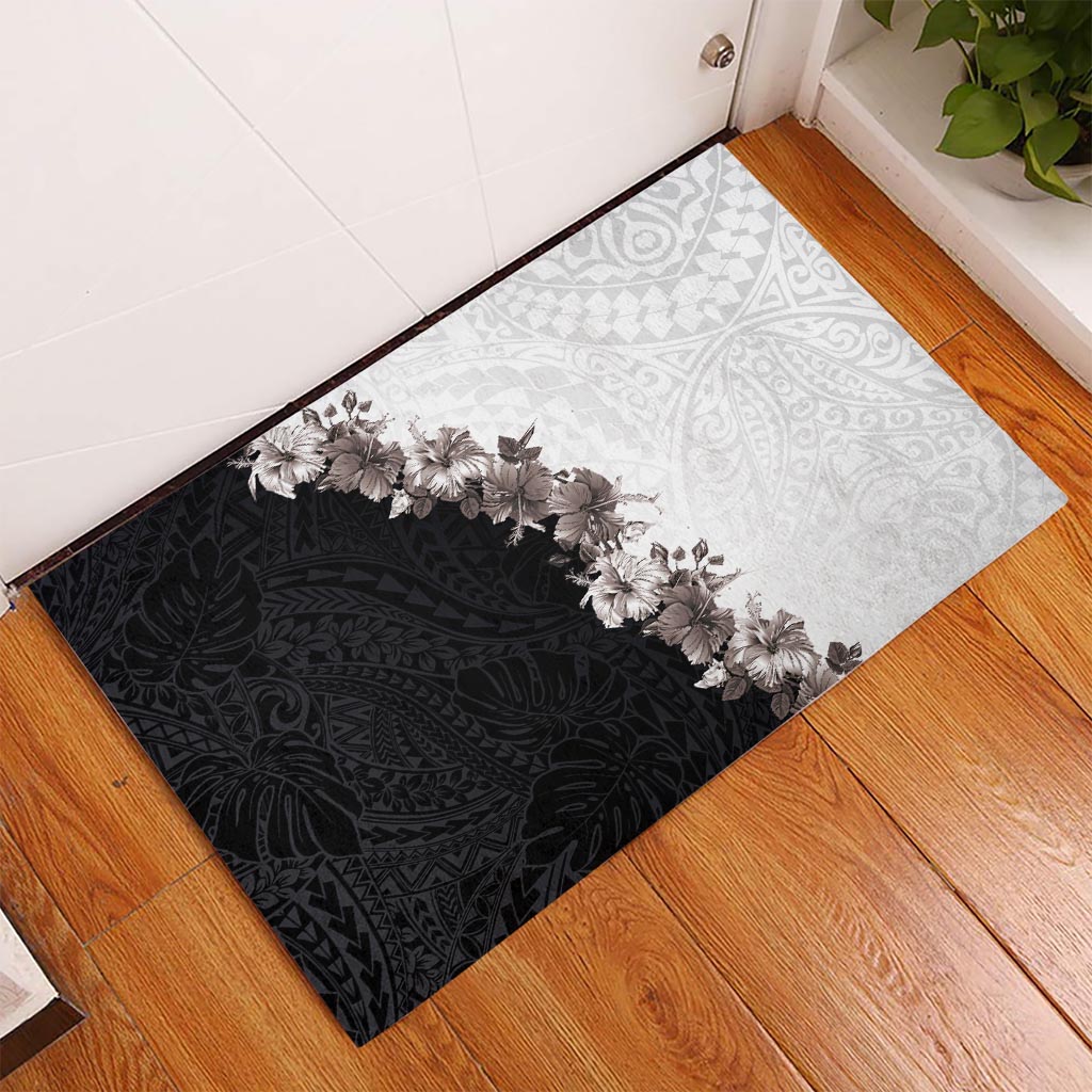 Hawaii Grayscale Hibiscus Flowers Rubber Doormat Polynesian Pattern With Half Black White Version LT03 - Polynesian Pride