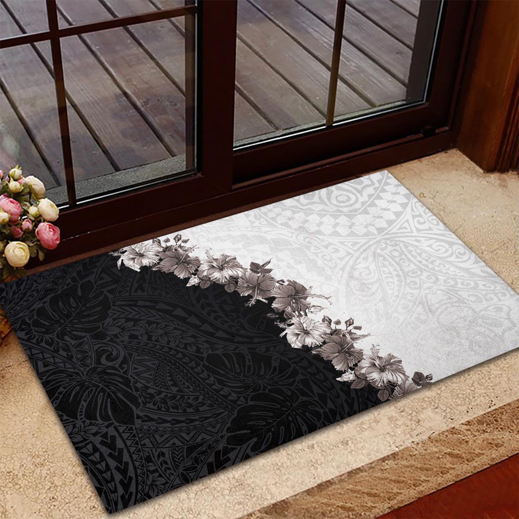 Hawaii Grayscale Hibiscus Flowers Rubber Doormat Polynesian Pattern With Half Black White Version LT03 - Polynesian Pride