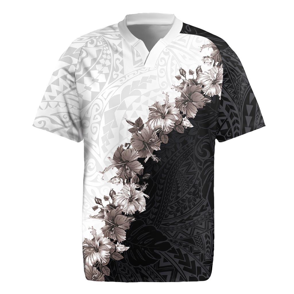 Hawaii Grayscale Hibiscus Flowers Rugby Jersey Polynesian Pattern With Half Black White Version