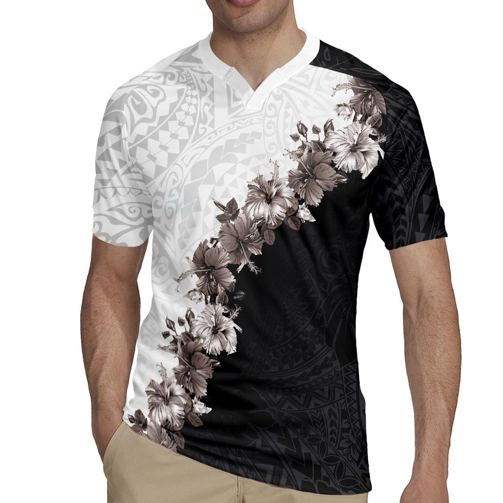 Hawaii Grayscale Hibiscus Flowers Rugby Jersey Polynesian Pattern With Half Black White Version