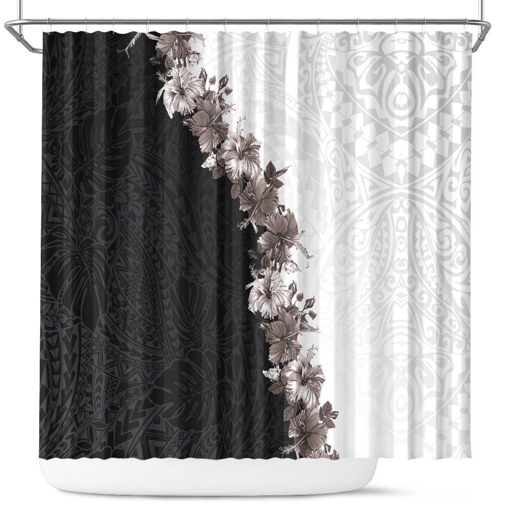 Hawaii Grayscale Hibiscus Flowers Shower Curtain Polynesian Pattern With Half Black White Version