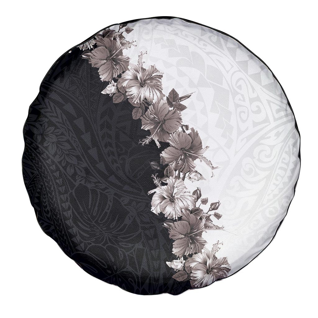 Hawaii Grayscale Hibiscus Flowers Spare Tire Cover Polynesian Pattern With Half Black White Version