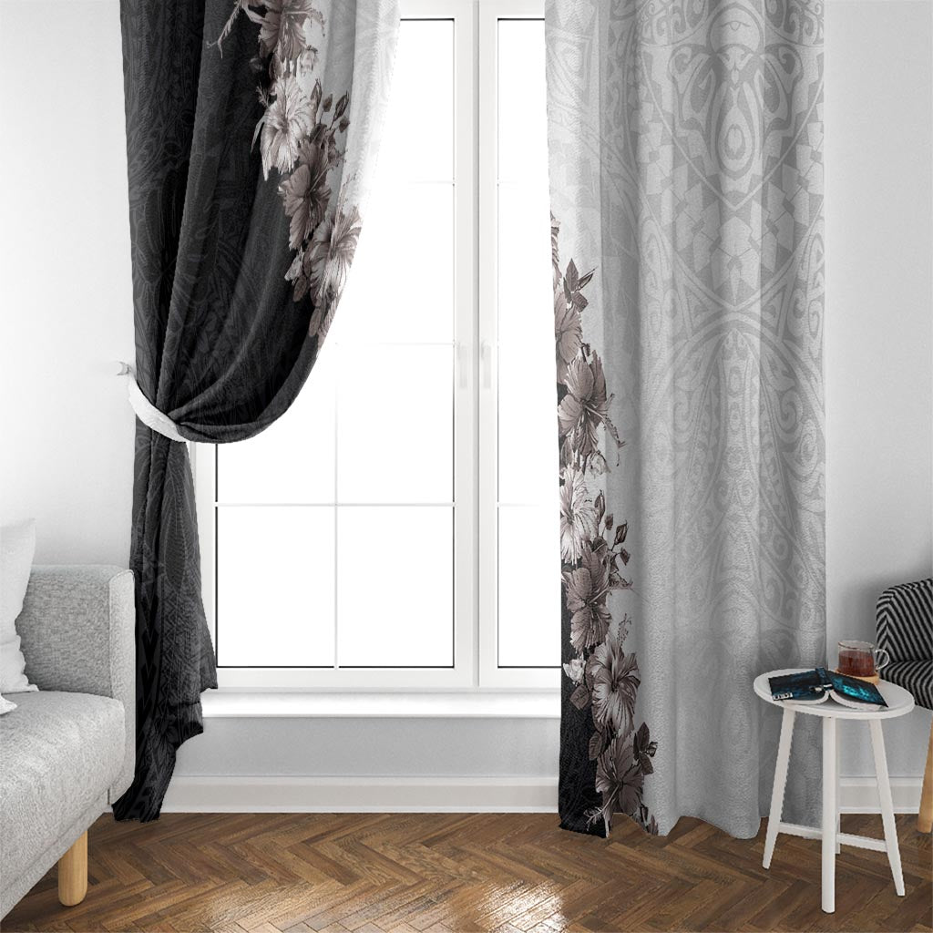 Hawaii Grayscale Hibiscus Flowers Window Curtain Polynesian Pattern With Half Black White Version